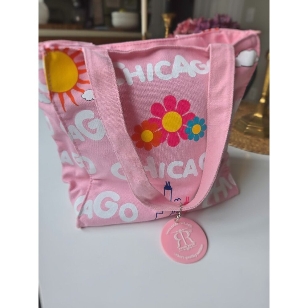 Pink Canvas Tote Bag With Chicago Print & Zipper Closure By Robin Ruth